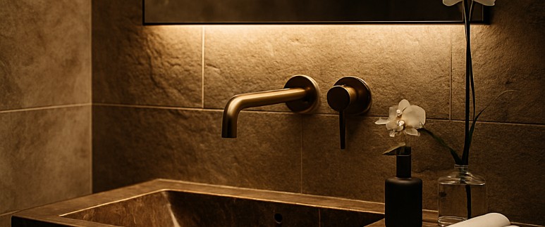 Commercial touchless faucets in a modern public restroom by FontanaShowers